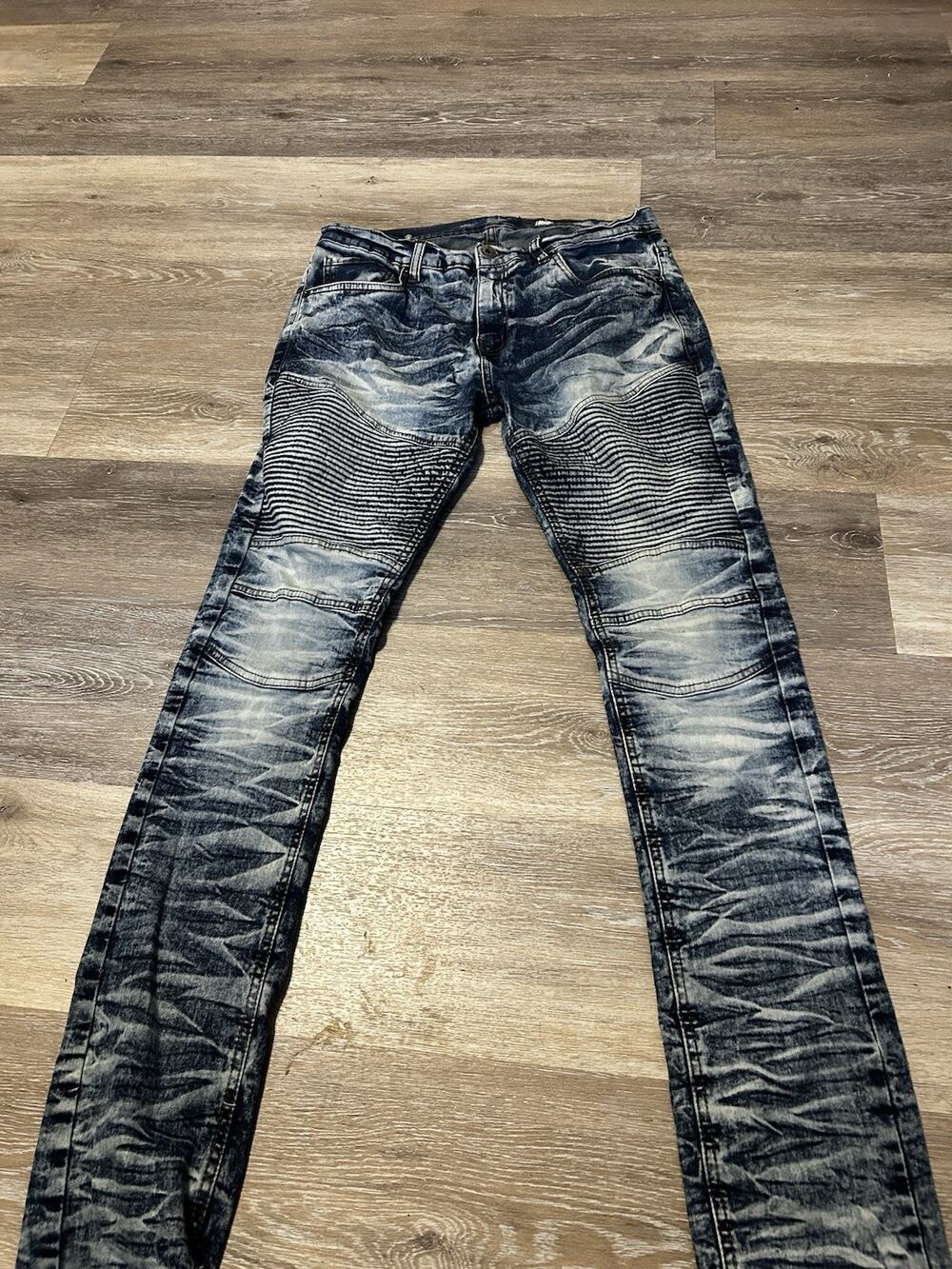 EVOLUTION In Design Jeans Mens 34x32 Slim Fit Distressed Wash Moto Acid Wash